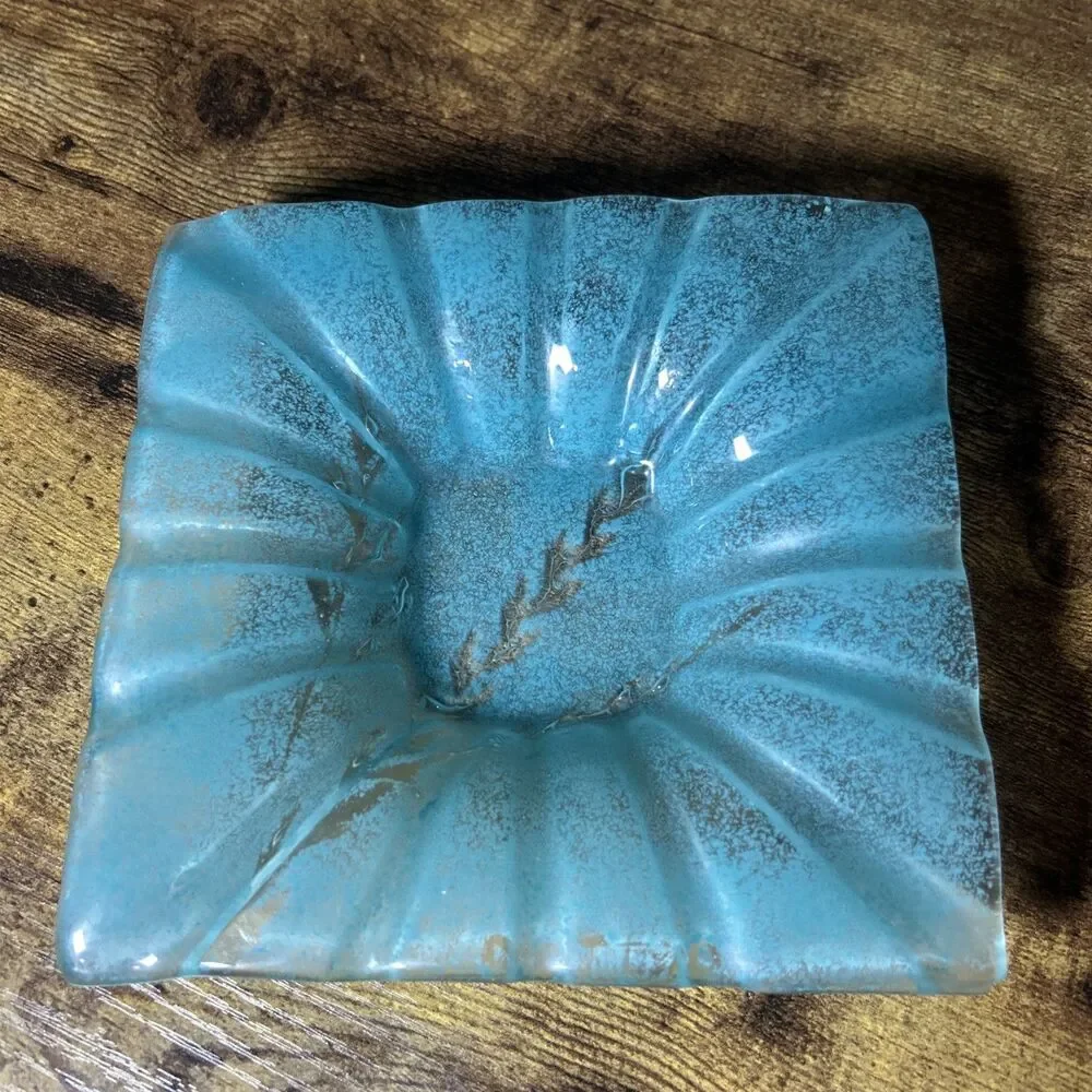 Coastal Aqua Teal Textured Glass Dish Square 6.5x6.5' Sea Inspired Accent Plate